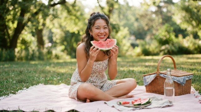 Young woman enjoying a slice of watermelon during a sunny picnic in the park