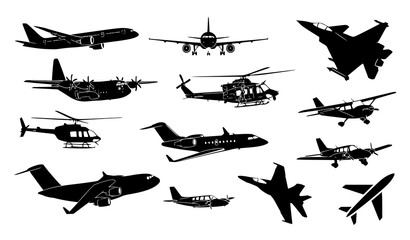 Fototapeta premium Black Airplane and Helicopter Silhouette Collection Aviation Transport Vector Icons