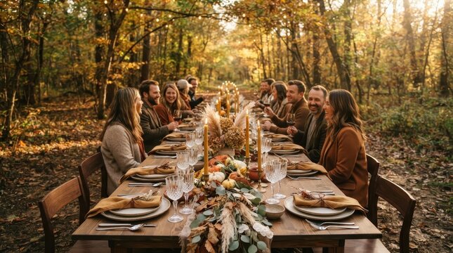 Autumn forest feast with friends and family enjoying a long table setting