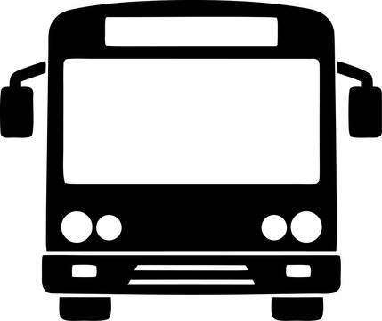 Front view of passenger bus vector illustration in black silhouette flat design isolated on transparent background for public transport service representation.