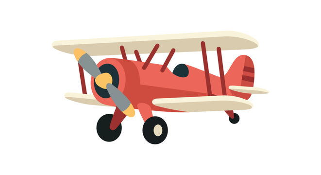 A red biplane with a propeller and wings is depicted in a flat vector illustration