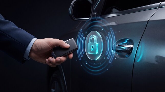hand with key fob unlocking car with glowing security padlock hologram