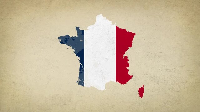 Animated Appearing FRANCE Map Filled with Flag Isolated on Vintage Background