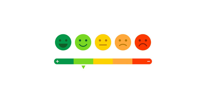Customer satisfaction meter with happy sad emojis and slider for feedback.