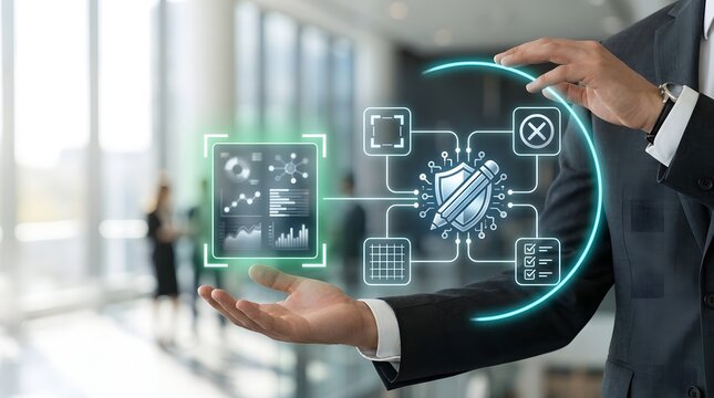 Futuristic technology integration a business professional interacting with digital data visualization