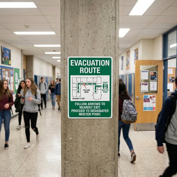 School Hallway Evacuation Route Signage During Student Activity