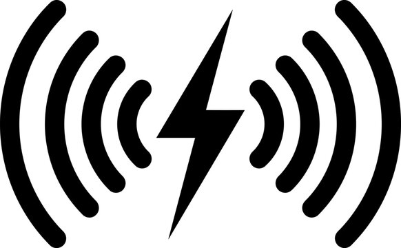 Wireless charging vector icon showing power lightning bolt symbol with isolated radio wave signals on transparent background for battery status illustration.