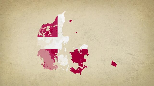 Animated Appearing DENMARK Map Filled with Flag Isolated on Vintage Background