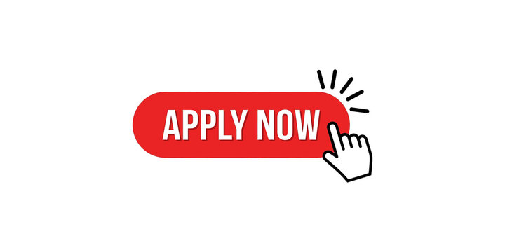 Apply now red rectangular button with mouse cursor click interaction for call to action.