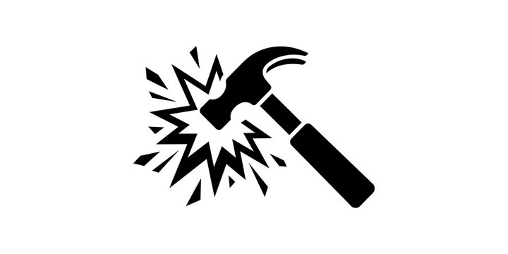 Hammer striking with impact sparks symbol depicting construction repair or renovation.