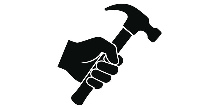 Hand holding hammer tool icon representing construction work or home repair.