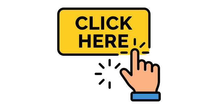 Finger clicking on a bright yellow 'CLICK HERE' button with radiating lines.