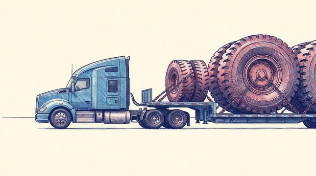 Heavy duty truck transporting oversized tires on trailer.