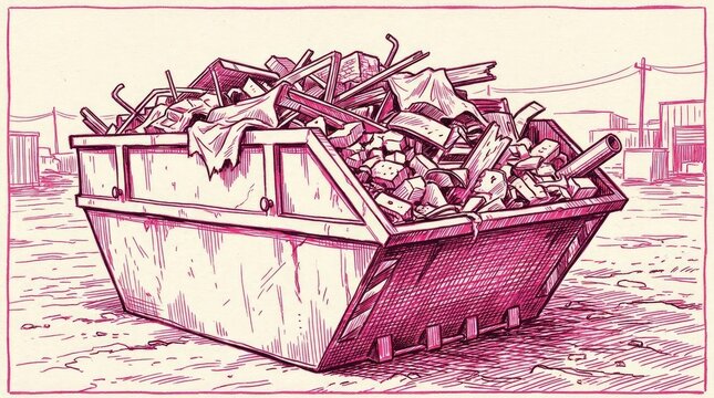 Industrial waste skip bin filled with scrap metal debris.