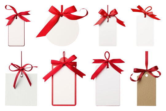PNG Elegant red ribbon gift tags on transparent background