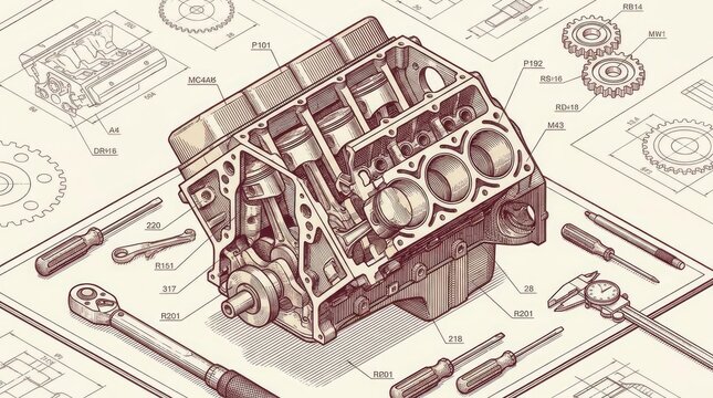 Isometric engine block engineering drawing with tools