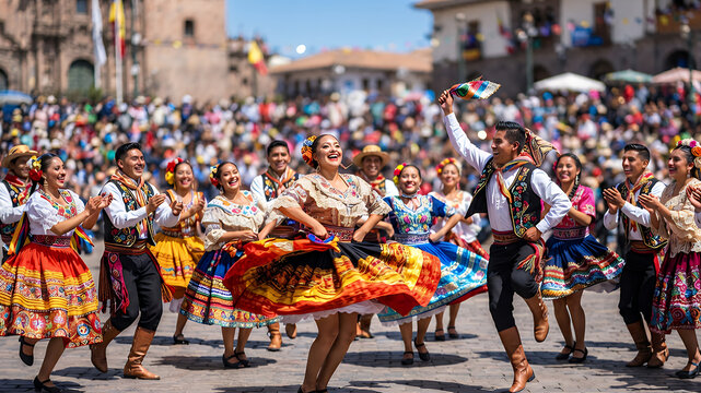 Group of Peruvian dancers performing traditional folk dance in the Plaza de Armas of Cusco