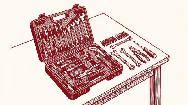 Open red toolbox and tools on wooden workbench.