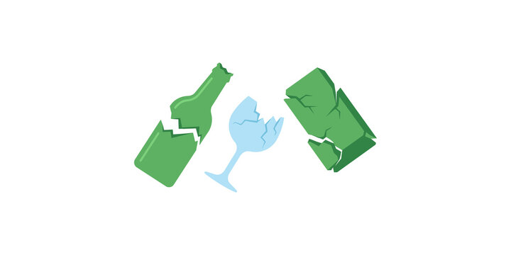 Broken green bottle and shattered glass cup.