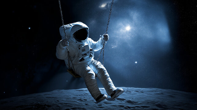 Astronaut Swinging on Moon with Starry Background