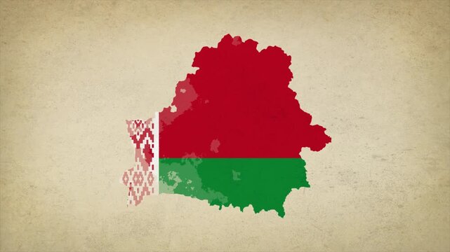 Animated Appearing BELARUS Map Filled with Flag Isolated on Vintage Background