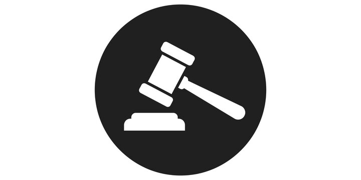 Legal judge gavel icon in black circle for law justice and auction concepts.