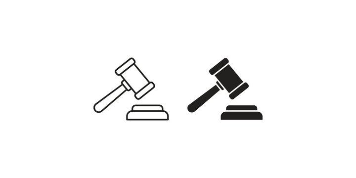 Gavel icon set featuring outline and silhouette versions for courtroom legal and auction themes.