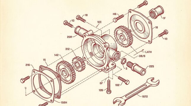 Technical isometric exploded view of a mechanical pump.