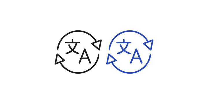 Language translation loop icons in black and blue colors for global communication concepts.