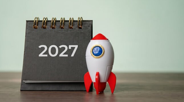 Black desk calendar with 2027 text and white toy rocket on wooden table.