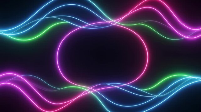 Neon glowing wave frame abstract background, with pulsing colorful, light trails and, copy space