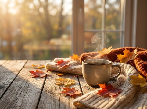 Cozy autumn morning with a steaming cup of coffee, knitted sweater, and colorful maple leaves on a rustic wooden table by the wi