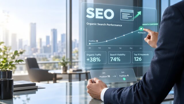 Business professional using a digital screen to analyze seo performance and growth
