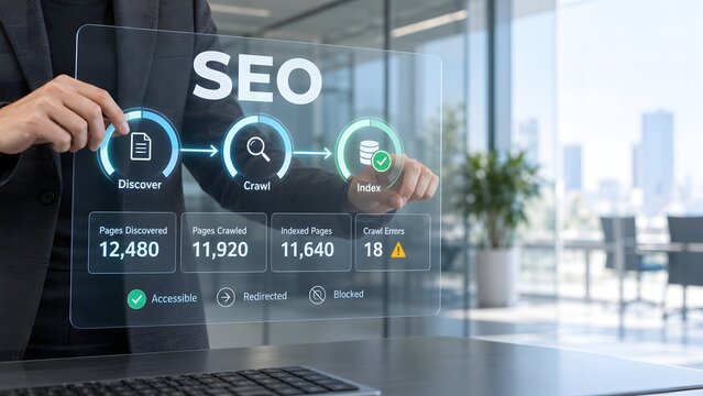 Business professional using a digital interface to analyze website seo performance metrics