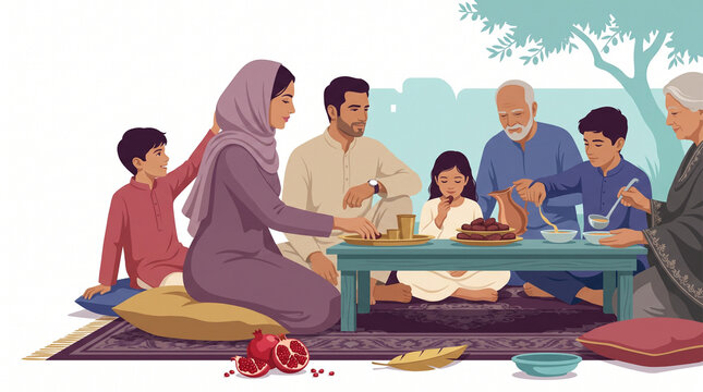 Family sharing a meal outdoors in traditional setting  