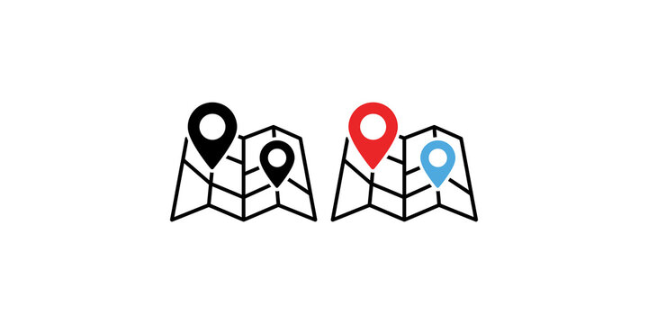 Map with multiple location pins icon set in solid and outlined styles for multi destination planning.