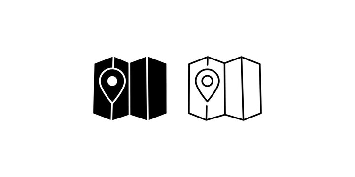 Folded map icons with location markers in solid and outline styles for travel and navigation.