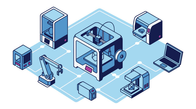 Corporate of Networked 3D Printing and Industrial Robotic Equipment in Modern Blue and Dark Blue Color Scheme
