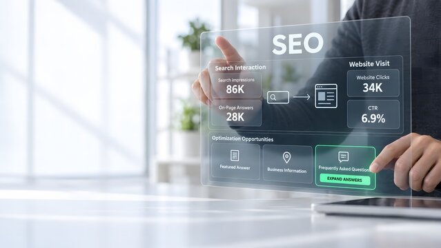 Professional analyzing digital seo performance metrics on a futuristic transparent glass screen