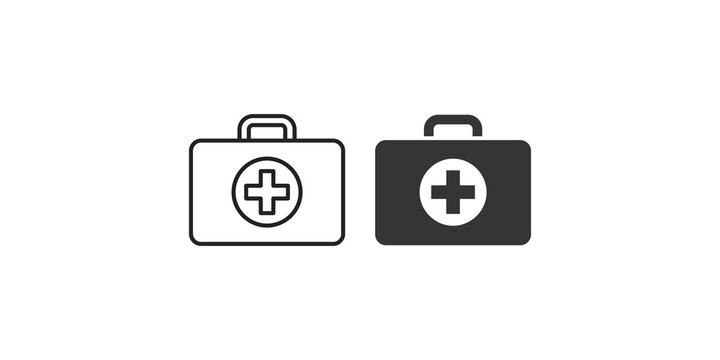 Medical first aid kit icons featuring cross emblem for pharmacy branding emergency safety supplies and hospital equipment graphics.