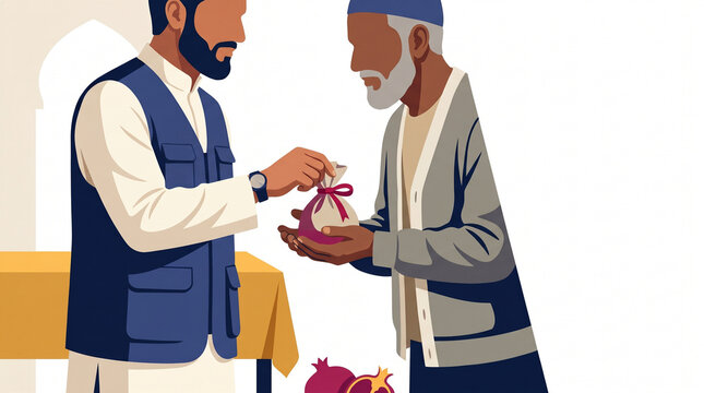 Young man distributing food to an elderly man in a supportive setting  