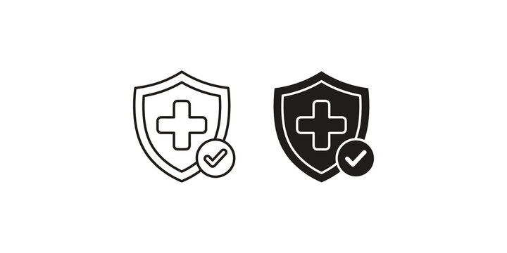 Medical shield protection icons with cross and checkmark for health safety insurance and insurance policy verification graphics.