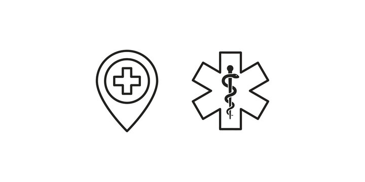 Medical navigation pin and star of life emblem icons for emergency health services.