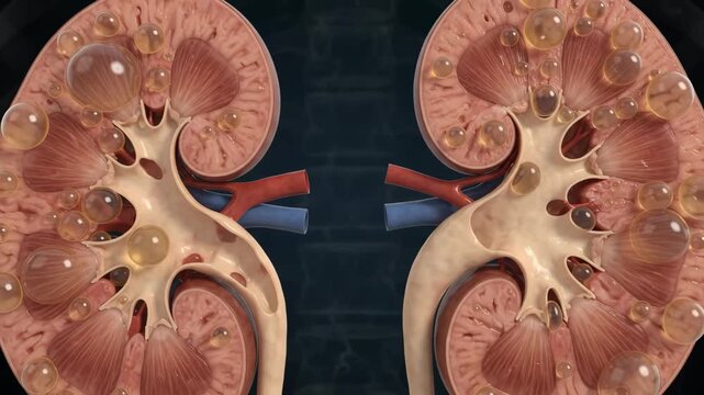 Polycystic kidneys showing cyst expansion and renal parenchymal compression for medical education