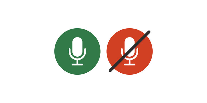 Microphone interface button with green active icon and red muted status indicator for audio control.