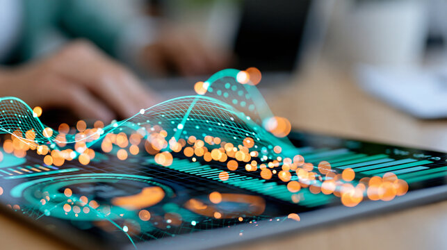 Modern technology template displaying data and statistics, defocused comprehensive business analytics visualization, corporate information representation, with copy space