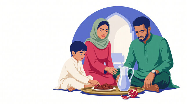 Muslim family enjoying Iftar meal together at home  