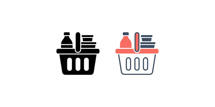 Shopping basket icons with grocery food supplies for online retail e-commerce and retail checkout interfaces.