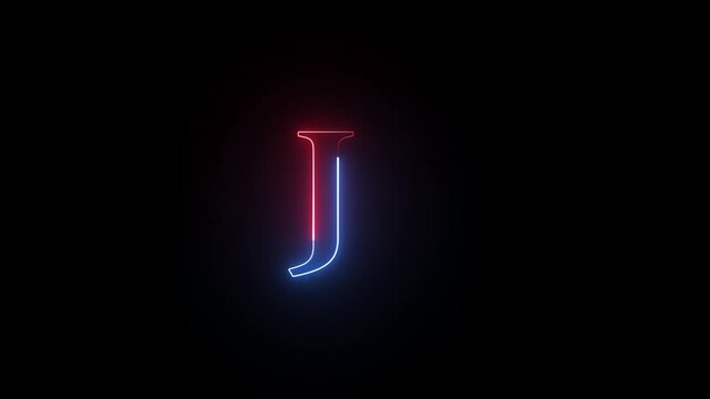 Neon glowing letter j with red and blue light effect on dark background a j featuring a dual color outline set against deep black