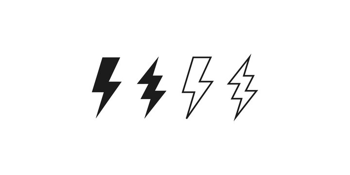 Lightning bolt symbol collection in various flat black and thin outline styles for energy concepts.